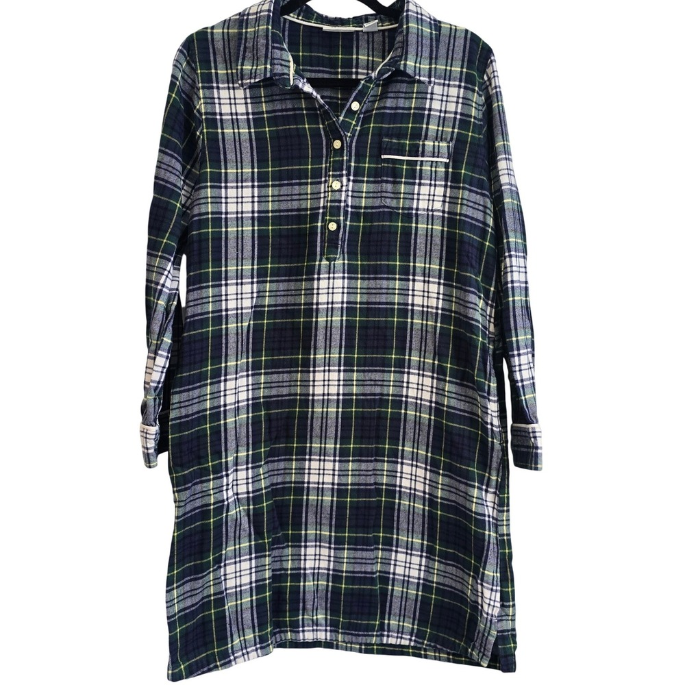 LL Bean Womens Blue Green Plaid Flannel Nightshirt Cotton Sleep Dress S 500454